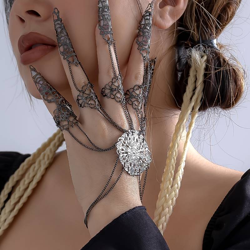 Punk Style Exaggerated Finger Chain Bracelet Gothic Hand Jewelry, Jewels Accessories Photo Pros,Temu